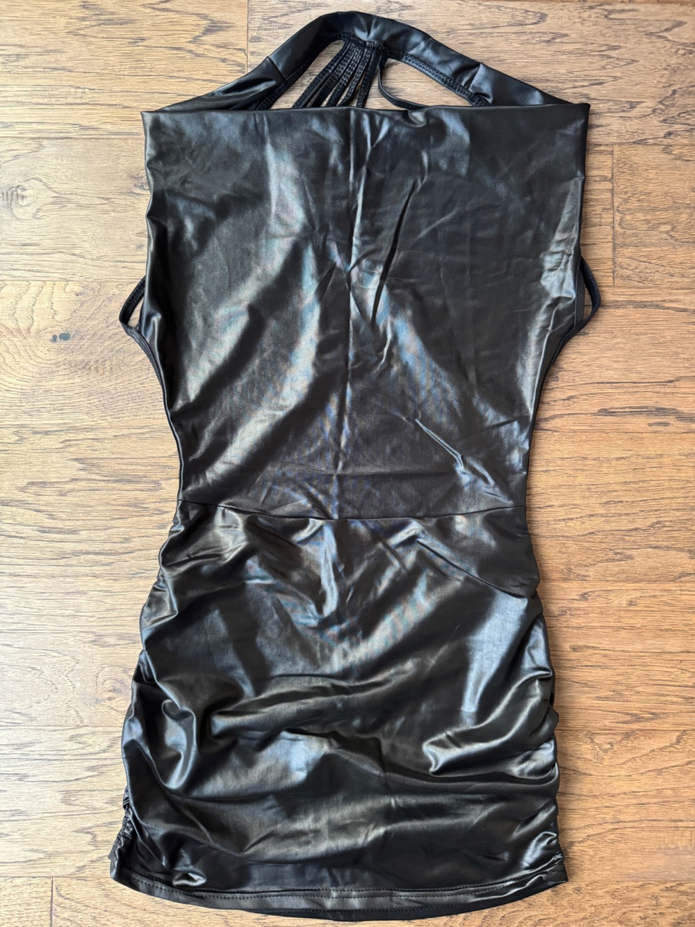 Black Faux Leather Backless Ruched Dress